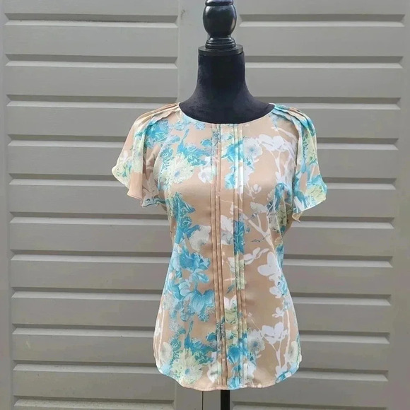 Worthington Womens Short Sleeve Floral Blouse Top Beige Blue Keyhole Petite L PL - Picture 1 of 8